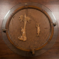 Round Glass-Top Cane Table with Carved Palm Tree Scene