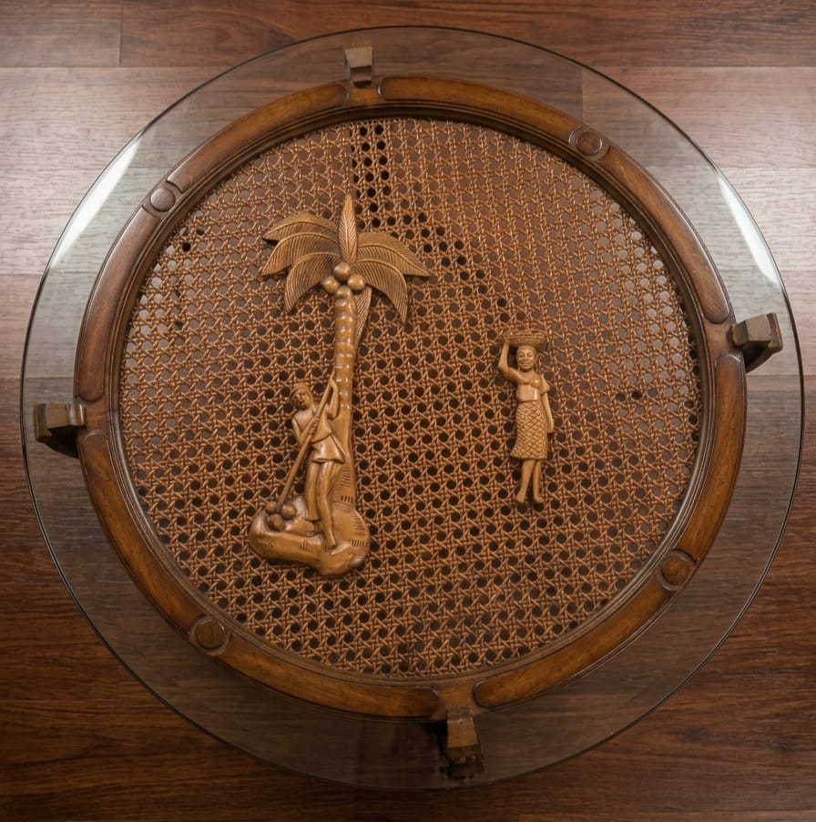 Round Glass-Top Cane Table with Carved Palm Tree Scene