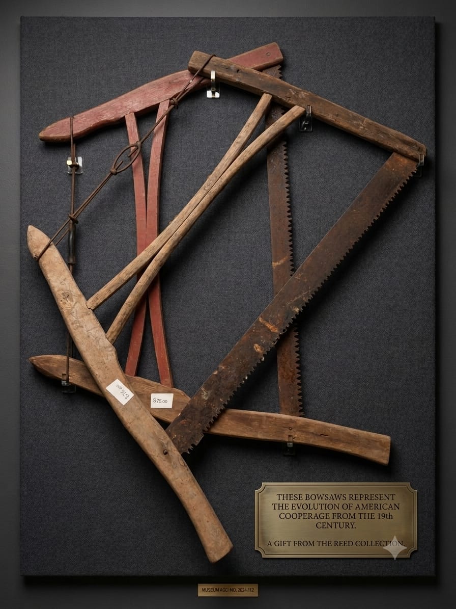 Vintage Wall-Mounted Bowsaw & Tool Display