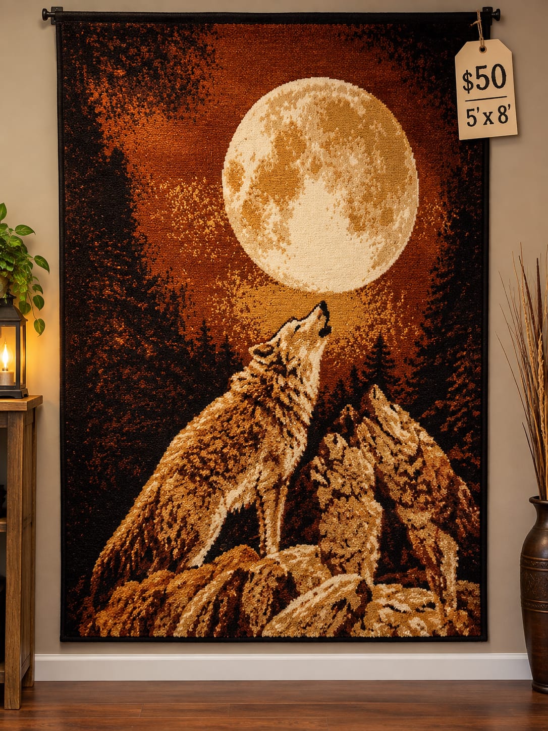 Howling Wolves Moon Tapestry Rug — 5' x 8'