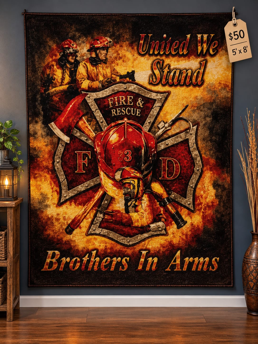 "Fire & Rescue — Brothers in Arms" Firefighter Tribute Tapestry Rug — 5' x 8'