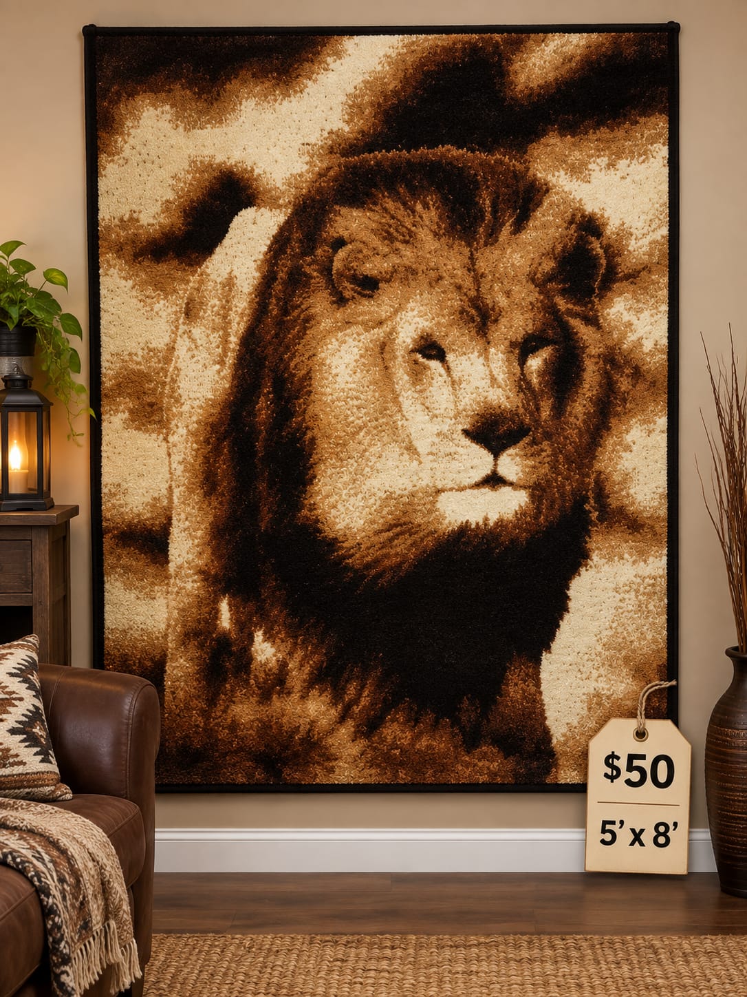 Lion Portrait Tapestry Rug (Sepia Tone) — 5' x 8'