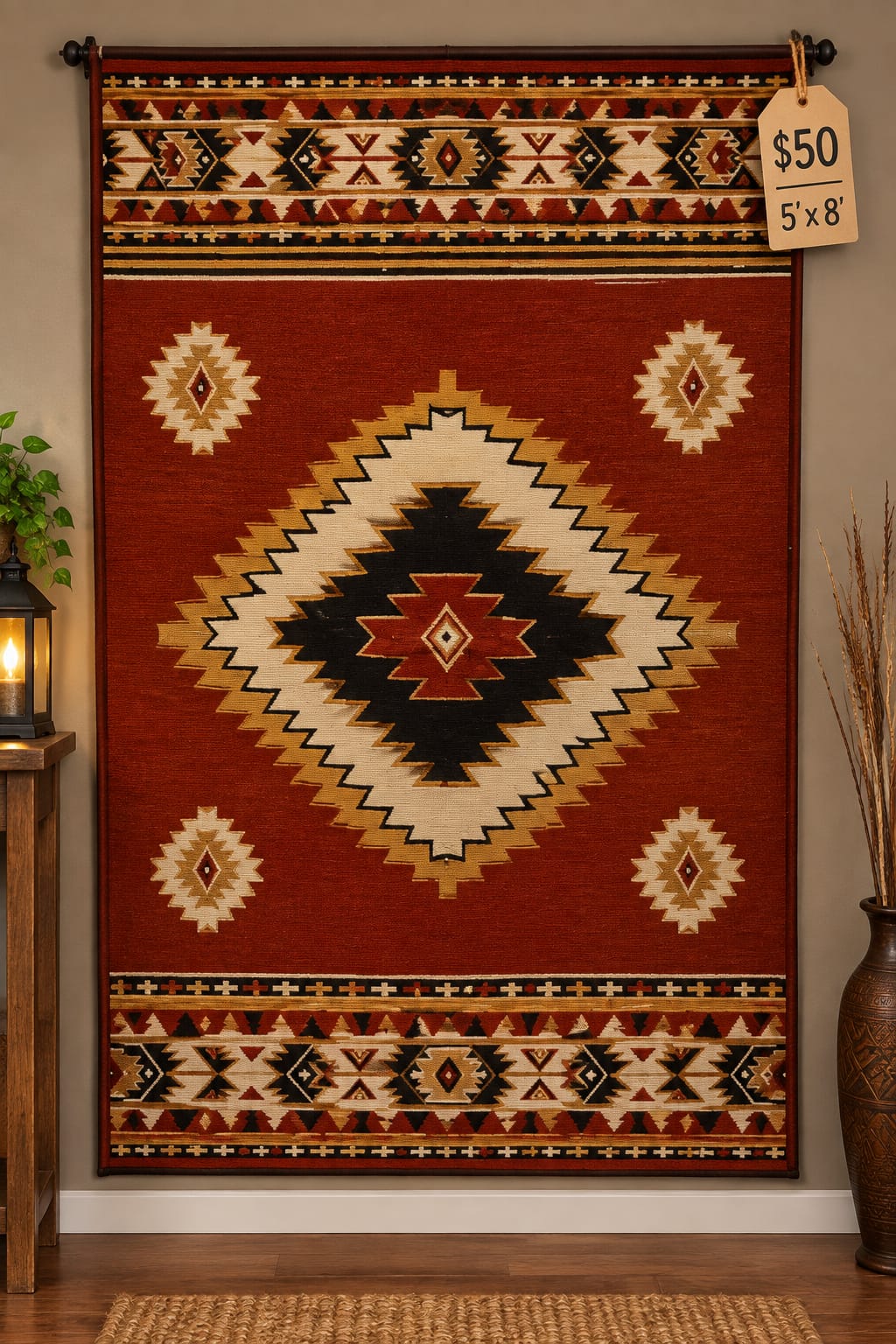 Southwestern Aztec Diamond Tapestry Rug (Red/Black) — 5' x 8'
