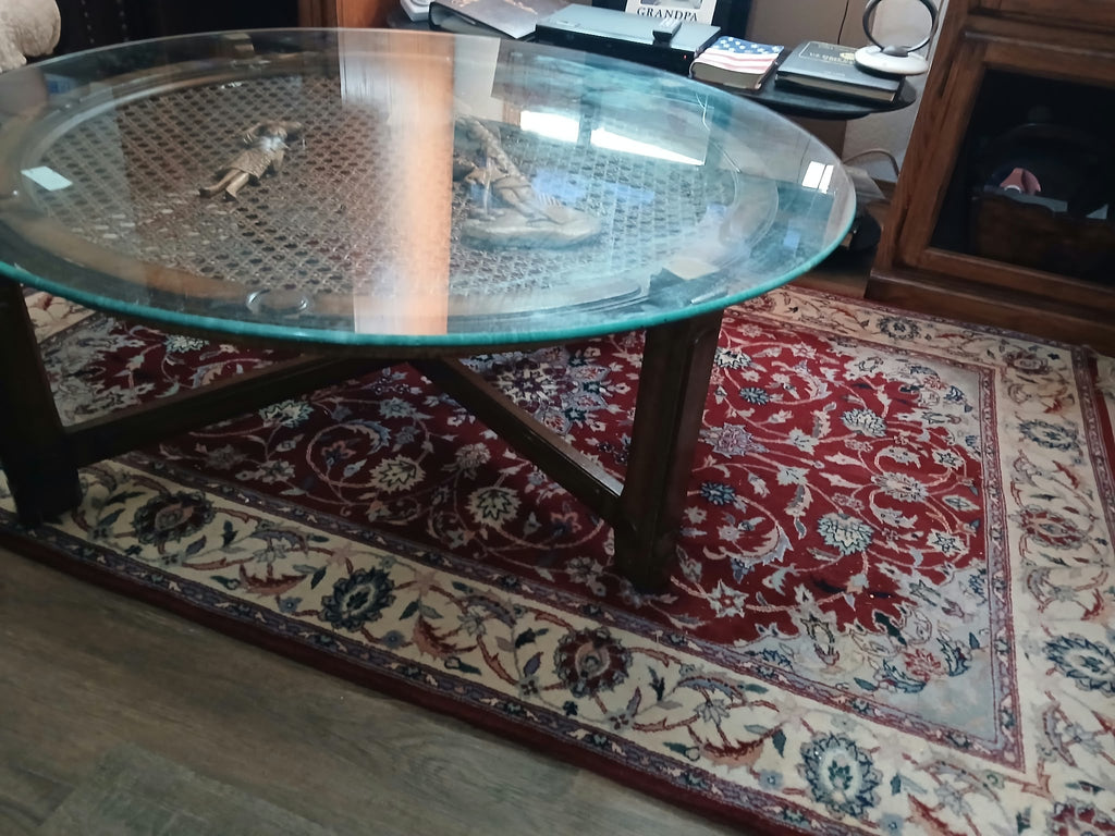 Round Glass-Top Cane Table with Carved Palm Tree Scene